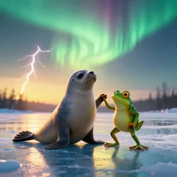 a sappy seal and a frog on two legs, dancing, beautiful, romantic, golden hour, ice, aurora borealis, dramatic lightning, octane render, cinematic lightning, artstation, hyperrealistic, 8 k
