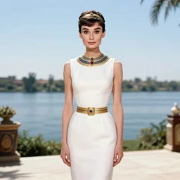 portrait audrey hepburn as hot egypt princess cleopatra on a open terrace, hands straight down, nile - river and pyramids view, full length shot, shining, 8 k highly detailed, sharp focus, illustration, art by artgerm, mucha, bouguereau