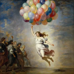 neoclassical portrait of a girl floating into the atmosphere because she has hundreds of balloons tied to her, by jacques - louis david, by greg rutkowski, by zdzisław beksinski, by josep tapiro baro, by caravaggio, trending on artstation, featured on pixiv, masterpiece, oil on canvas, cinematic composition, dynamic beautiful lighting,