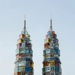 two towers made up of colourful glass squatter shacks, mamiya, 8 5 mm, uniform plain sky, fine details, photographed by julie blackmon