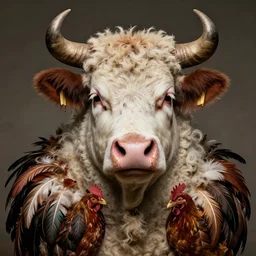 a hyper detailed full face portrait of a anthropomorphic joaquin phoenix!!!!!!! as the king!!!! of animals, ( ( ( ( cow ) ) horns, ( ( ( pig nose ) ) ), sheep wool, chicken! feathers!!!!, horror, anna podedworna, miklos ligeti, diego maricato,
