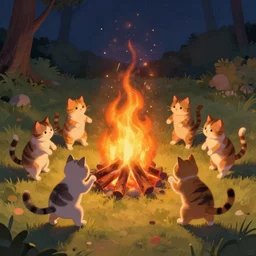5 5 mm photo of a group of cats dancing around a fire, digital painting, ritual