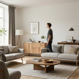 a nordic interior design at the camera 8 k, attractive man admiring the furniture