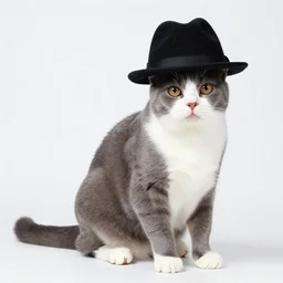 a cat with gray back and legs, white muzzle and underside, using a black fedora!!! on its head