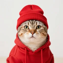 a cat wearing a red beanie and a red hoodie