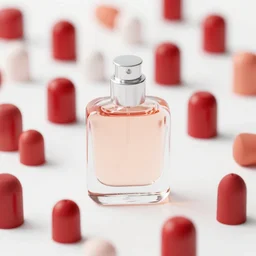 perfume bottle sitting on a white surface surrounded by a plethora of red and white and peach flowers, bright white realistic, up close shot, white background, zen, light, modern minimalist f 2 0 blurry background