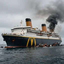 a derelict immense McDonald's brand vacation cruise liner with yellow golden arches logo and tall smoke stacks crashed and broken on a deserted island, oil slick in the water, thick black smoke billowing, overcast, dystopian, bad vibes, photorealistic, sharp focus, hyper detailed, octane render