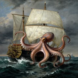 giant octopus attacking a sailing fregate on a stormy ocean, by jmw turner