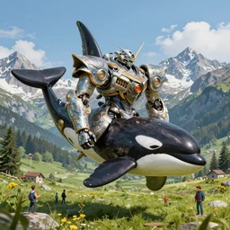 detailed nacreous hard shell orca mecha floating above a picturesque mountain meadow in the french alps. mathias kollros mark winters villeneuve lie setiawan lius lasahido manuel castanon. portrait vivid intricate vibrant elaborate inks unreal engine render.