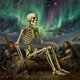 a detailed profile oil painting of a skeleton sitting on a toiled, aurora lighting clouds and stars by beksinski carl spitzweg and tuomas korpi. baroque elements. baroque element. intricate artwork by moebius. Trending on artstation. 8k