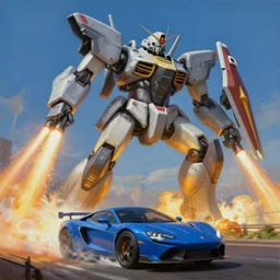 Highly detailed oil painting, of a giant mech launching missiles and firing lasers at a moving blue sports car, concept art, highly detailed.