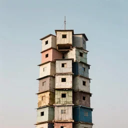 a tower made up of makeshift squatter shacks with soft colours, mamiya, 8 5 mm, f 1. 7, uniform plain sky, digital glitches, photographed by nick knight