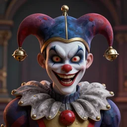 the evil jester smirking wearing cap with bells, lovecraft scene, detailed portrait, 3 d, intricate details, by artgerm, smooth gradients, octane render, 8 k, volumetric lightning, depth of field, coherent face, vivid colors