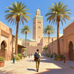 hanzo from overwatch travels in marrakech streets, morocco, palm trees, mosque, highly detailed, digital painting, artstation, concept art, smooth, sharp focus, illustration, art by artgerm and greg rutkowski and alphonse mucha