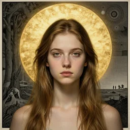 Woman masterpiece, young, golden halo behind her head, by Edgar Maxence and Ross Tran, Zdzisław Beksiński, and Michael Whelan, distant, gustav dore, H.R. Giger, 8k, octane render