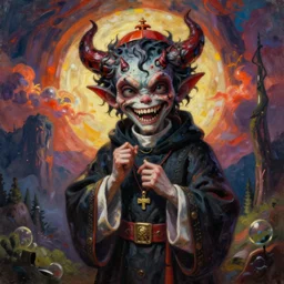 amazing detailed photorealistic painting of a priest. disturbing, twisted, dark, evil. vibrant colors. cute, lovely, funny.
