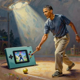 oil painting of Barack Obama playing Super Smash Bros. Melee on Gamecube