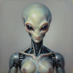a perfectly centered portrait of an alien biomechanical robot buddha, female, intense stare, sarcastic smile, volumetric lighting, volumetric shadows, highly detailed, realistic oil painting by tim hilderbrandt and alex grey,