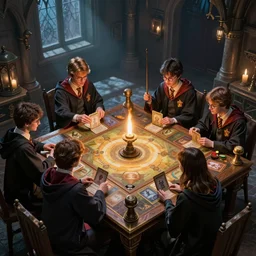 wizards from harry potter playing a magic card game, isometric view