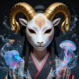 3 d goddess close - up frontal portrait with ram golden mandelbulb skull. beautiful intricately detailed japanese fractal kitsune mask and clasical japanese kimono. betta fish, jellyfish phoenix, bio luminescent, plasma, ice, water, wind, creature, mandelbulb, fractal, artwork by tooth wu and wlop and beeple and greg rutkowski