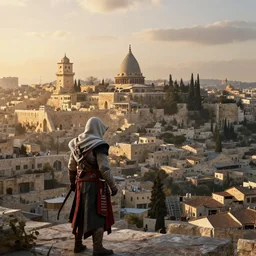 photorealistic filmic city of Jerusalem at dawn before sunrise by james gurney, unreal engine, assassin's creed 1, 35 mm lens, trending on artstation