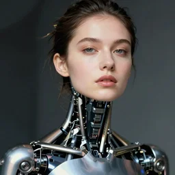 close - up portrait of beautiful young woman with cybernetic dress, art by bill brandt