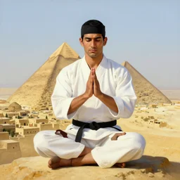 a portrait of an arabic style kung fu - fighter meditating on top of a pyramid overlooking the ancient city painted by norman rockwell