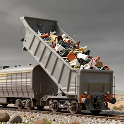 a train wagon dumping a large amount of trash, a detailed matte painting by ancell stronach, polycount, environmental art, playstation 5 screenshot, furaffinity, made of trash