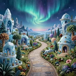 a whimsical elite masterpiece beautiful sci - fi fantasy realism matte painting of a winding path through arctic dream worlds with surreal landscape and horizon inspired by heironymous bosch's garden of earthly delights, surreal ice interiors by asher durand and cyril rolando and natalie shau, insanely detailed and intricate, elegant, northern lights, synthwave, cyberpunk, futurism