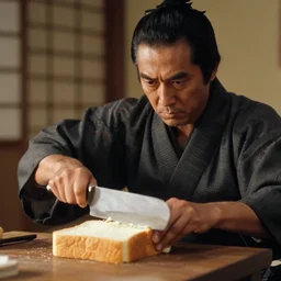 a movie still of a samurai slicing through a loaf of bread, a movie by Akira Kurosawa