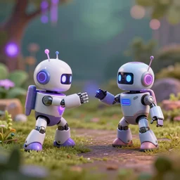 2 toy robots fighting in a garden, hyper detailed, sharp focus, bokeh, unreal engine, ray tracing, cute, fantasy, sci fi, purple lights, tiny, small