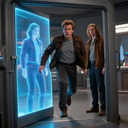 Time traveler Sam Beckett from Quantum Leap in the middle of a leap, with his hologram friend Al Calavicci nearby in a glowing image chamber door