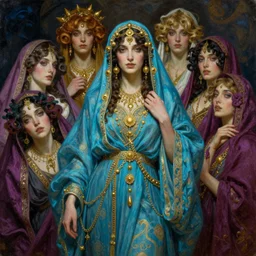 hyper realistic painting of women covered in fabric, gold ornaments, flowing fabric, intrincate detail, detailed faces by wayne barlowe, gustav moreau, goward, gaston bussiere and roberto ferri, santiago caruso, and austin osman spare, ( ( ( ( occult art ) ) ) ) bouguereau, alphonse mucha, saturno butto, cyan and magenta color scheme