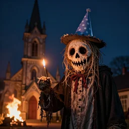 cinestill 5 0 d portrait of a spooky scarecrow 3 / 4 by roversi holding a match in a old church on fire, at night, wearing a birthday hat, 3 5 mm lens, 8 k, elegant, highly detailed, soft blur, artstation, sharp focus, head in focus