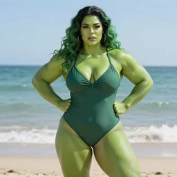 portrait of a posing thick muscular green she - hulk at the beach wearing a swimsuit with her arms behind, summer, sea, hot day, sunlight, broad robust and strong figure, long curly green hair, well toned muscles, beautiful, highly detailed, sharp focus, donato giancola and thomas kinkade, pinup