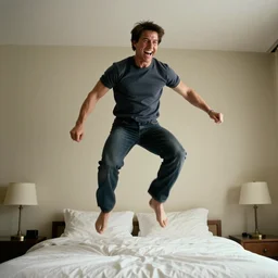 tom cruise laughing super hard, jumping on his bed, 5 0 mm, dynamic lighting