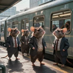 anthropomorphic rats in suits waiting for the train, dystopian art, artstation, photorealistic rendering, concept art