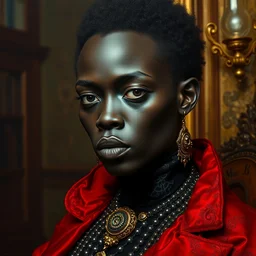 close up, halfling black skin man, extravagant clothes, alone in her mansion, head and torso portrait by karol bak and johan grenier