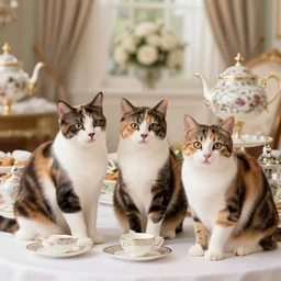 three calico cats attend a fancy english tea party, flickr explore