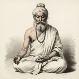 fullbody sketch of a cool sadhu meditating, etching by louis le breton, 1 8 6 9, 1 2 0 0 dpi scan