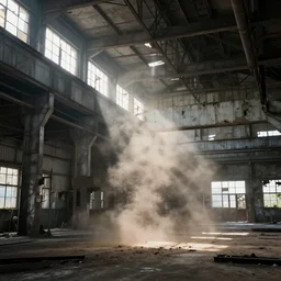 abandoned industrial factory interior, volumetric light scattering, light filtering, dustlight, god rays, dust, digital art, trending on artstation