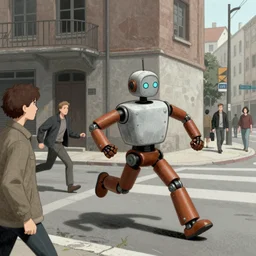 agressive robot chasing citizens in the style of Simon Stalenhag
