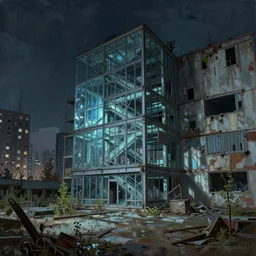 a beautiful detailed painting of industrial architecture city nature urbex architecture abandoned room unfinished building by alvaro siza ( alvaro siza vieira ), made of glass bioshock alien uv light at night gem mercury, archdaily, wallpaper, highly detailed, trending on artstation.
