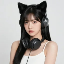 realistic beautiful gorgeous natural cute Blackpink Lalisa Manoban black hair cute fur black cat ears, wearing white camisole, headphones, black leather choker artwork drawn full HD 4K highest quality in artstyle by professional artists WLOP, Taejune Kim, Guweiz on Pixiv Artstation
