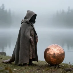 an armadillo, wearing a hooded cloak, stands next to a levitating copper orb, foggy lake, by mike davis
