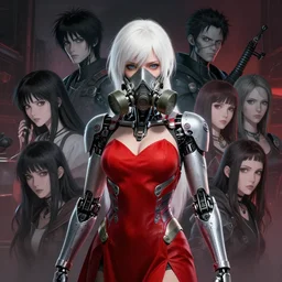 white haired cyborg girl wearing gas mask and red dress | | audrey plaza, warframe armor, fine detail!! anime!! realistic shaded lighting!! poster by ilya kuvshinov katsuhiro otomo ghost - in - the - shell, magali villeneuve, artgerm, jeremy lipkin and michael garmash and rob rey