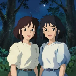 a detailed portrait of two young girls resembling lily james smiling in the forest together in the forest at night with a sky full of stars, trending on pixiv fanbox, painted by makoto shinkai takashi takeuchi studio ghibli, akihiko yoshida, yoshitaka amano, wangechi mutu, clean cel shaded vector art, illustration, hd, 8 k