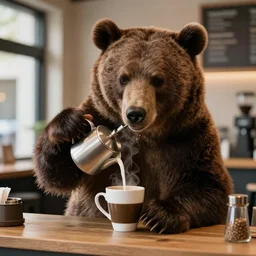 a realistic photo of a bear making coffee in a coffee shop