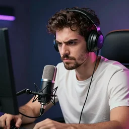 handsome Portuguese-British male twitch streamer looking angrily at his expensive microphone which isn't working, high quality photo, 4k