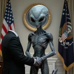 A sinister grey space alien shaking hands with the President of the United States, official portrait